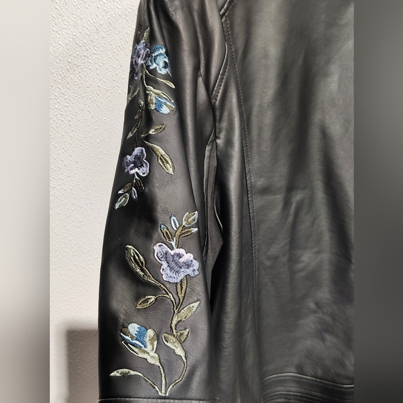 G by Giuliana Black Faux Leather Moto Jacket with Blue Floral Embroidery - Picture 2 of 6